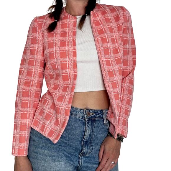 Vintage 1970s Jacket Cardigan Salmon Pink Plaid Polyester Blazer Homemade - Picture 1 of 16